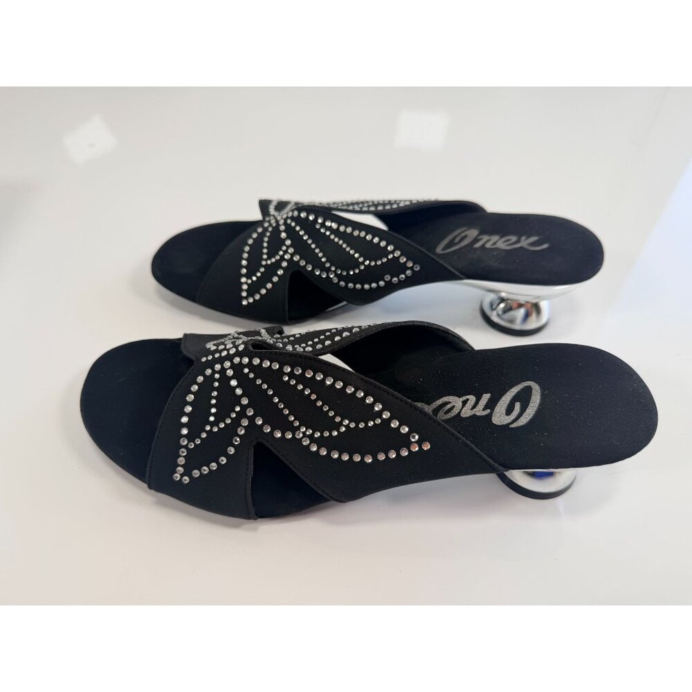 NEW Onex Rhinestone Butterfly Black Silver Chrome Wedge Heel Sandal 7M - Picture 7 of 12